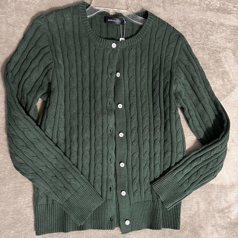 Women’s Cable Knit Open Front Cardigan Sweater, Green, Size Medium, NWT - Picture 6 of 9